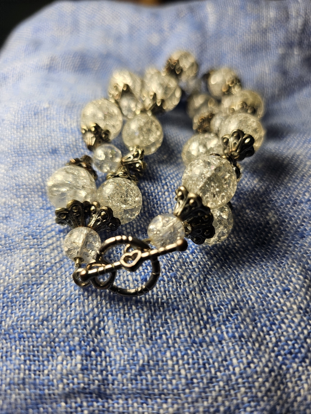 Antique Clear Crackle Glass Beaded Toggle Bracelet with Antique Silver Accents